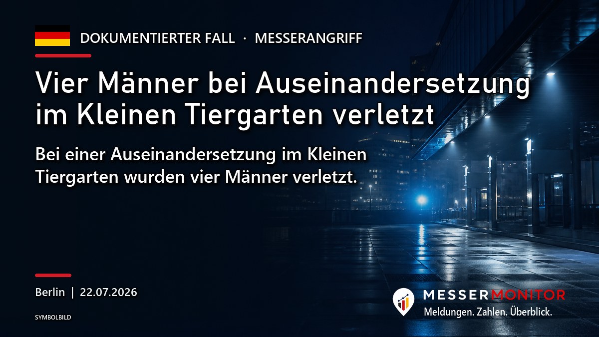 Titelgrafik: Vier Männer bei Auseinandersetzung im Kleinen Tiergarten verletzt. Bei einer Auseinandersetzung im Kleinen Tiergarten wurden vier Männer verletzt..