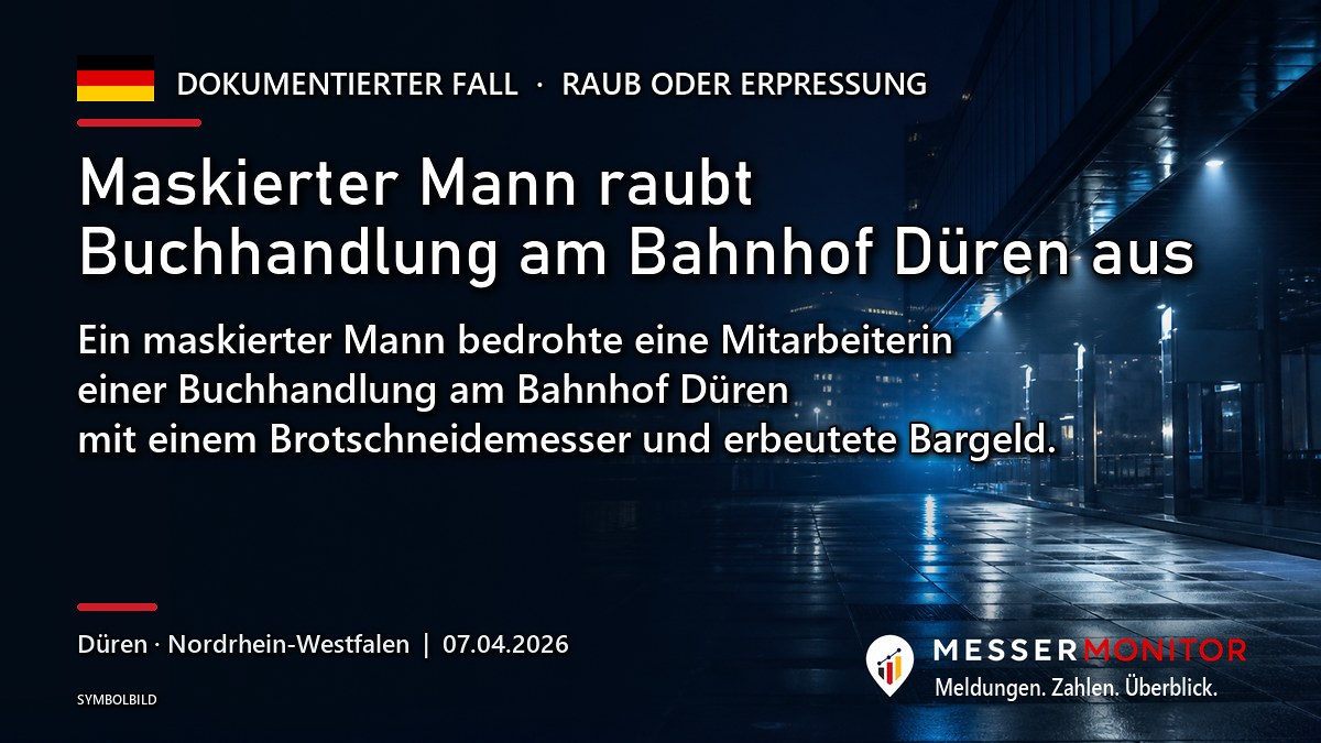 Titelgrafik: Maskierter Mann raubt Buchhandlung am Bahnhof Düren aus. Ein maskierter Mann bedrohte eine Mitarbeiterin einer Buchhandlung am Bahnhof Düren mit einem Brotschneidemesser und erbeutete Bargeld..