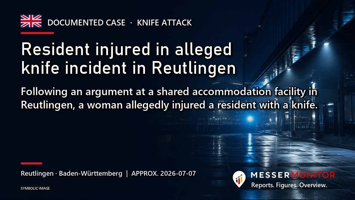Title image: Resident injured in alleged knife incident in Reutlingen. Following an argument at a shared accommodation facility in Reutlingen, a woman allegedly injured a resident with a knife..