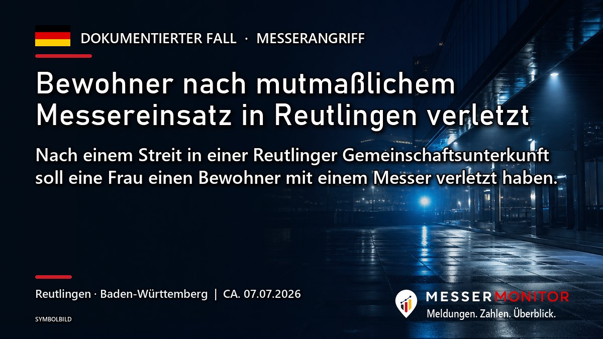 Titelgrafik: Bewohner nach mutmaßlichem Messereinsatz in Reutlingen verletzt. Nach einem Streit in einer Reutlinger Gemeinschaftsunterkunft soll eine Frau einen Bewohner mit einem Messer verletzt haben..