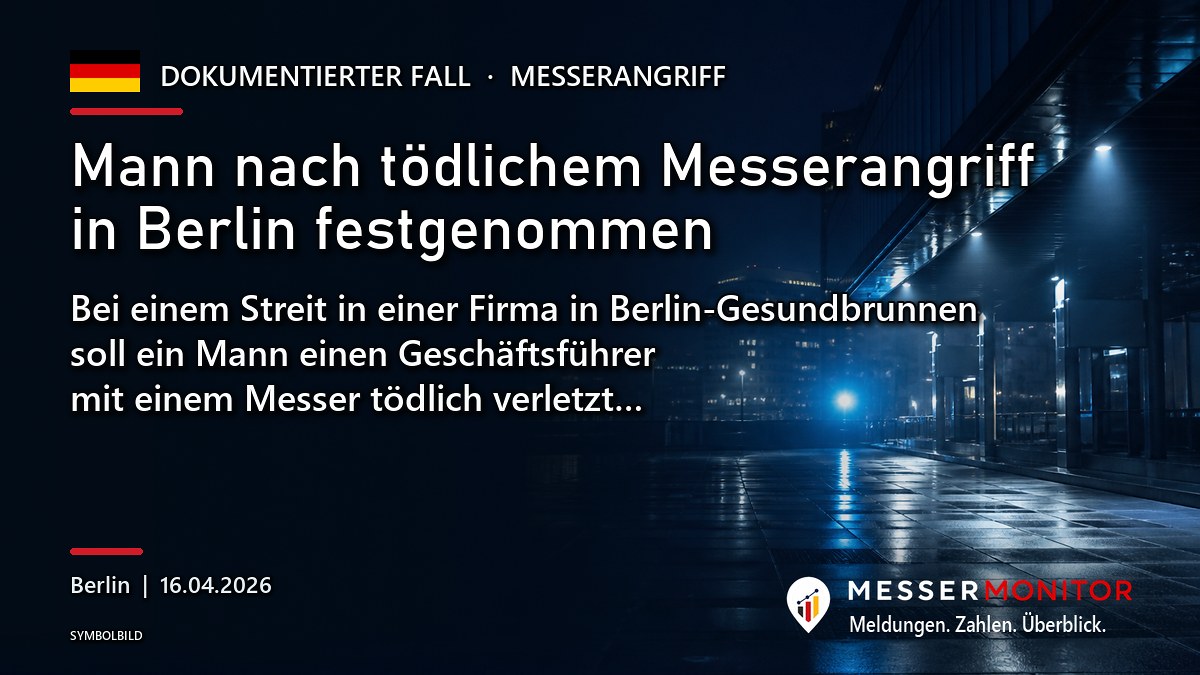 Titelgrafik: Mann nach tödlichem Messerangriff in Berlin festgenommen. Bei einem Streit in einer Firma in Berlin-Gesundbrunnen soll ein Mann einen Geschäftsführer mit einem Messer tödlich verletzt….