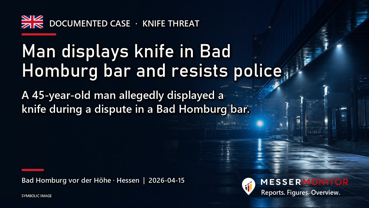Title image: Man displays knife in Bad Homburg bar and resists police. A 45-year-old man allegedly displayed a knife during a dispute in a Bad Homburg bar..