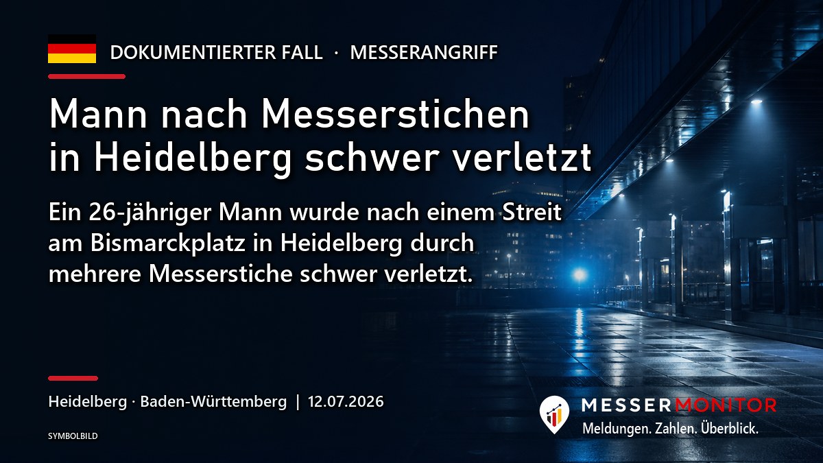 Titelgrafik: Mann nach Messerstichen in Heidelberg schwer verletzt. Ein 26-jähriger Mann wurde nach einem Streit am Bismarckplatz in Heidelberg durch mehrere Messerstiche schwer verletzt..