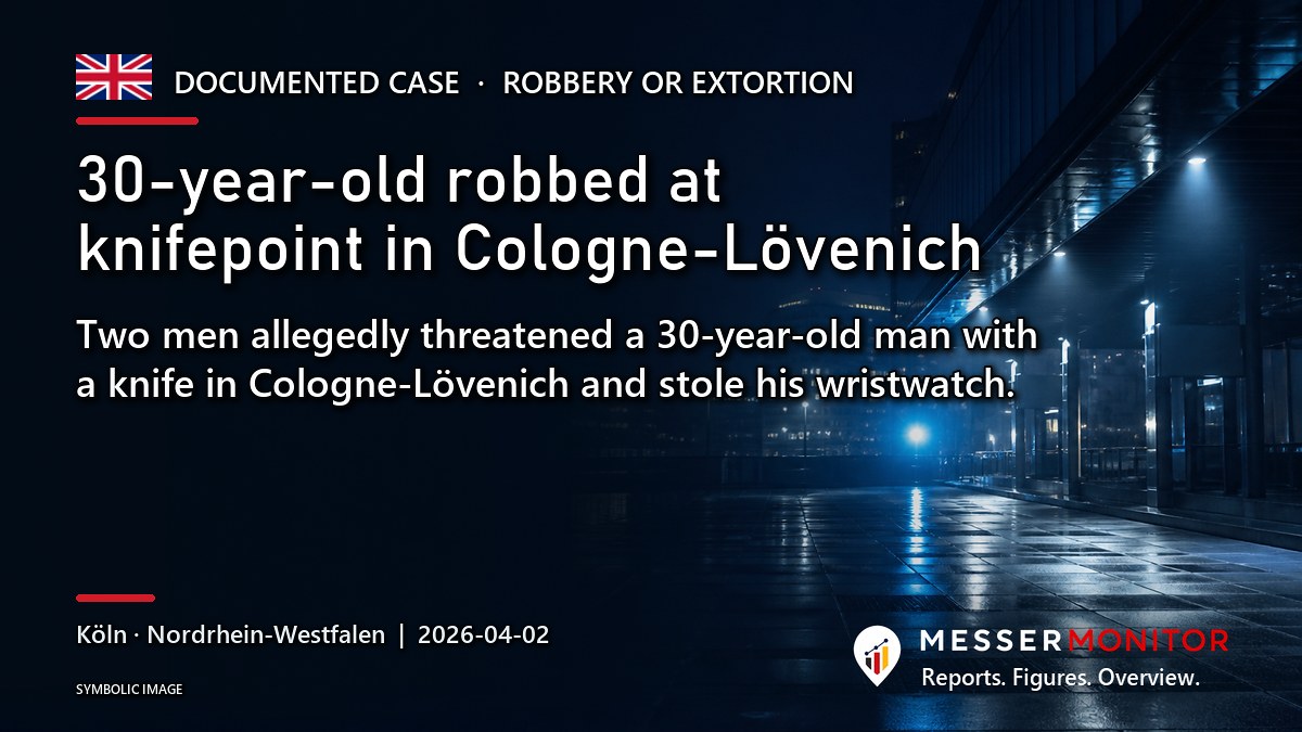 Title image: 30-year-old robbed at knifepoint in Cologne-Lövenich. Two men allegedly threatened a 30-year-old man with a knife in Cologne-Lövenich and stole his wristwatch..