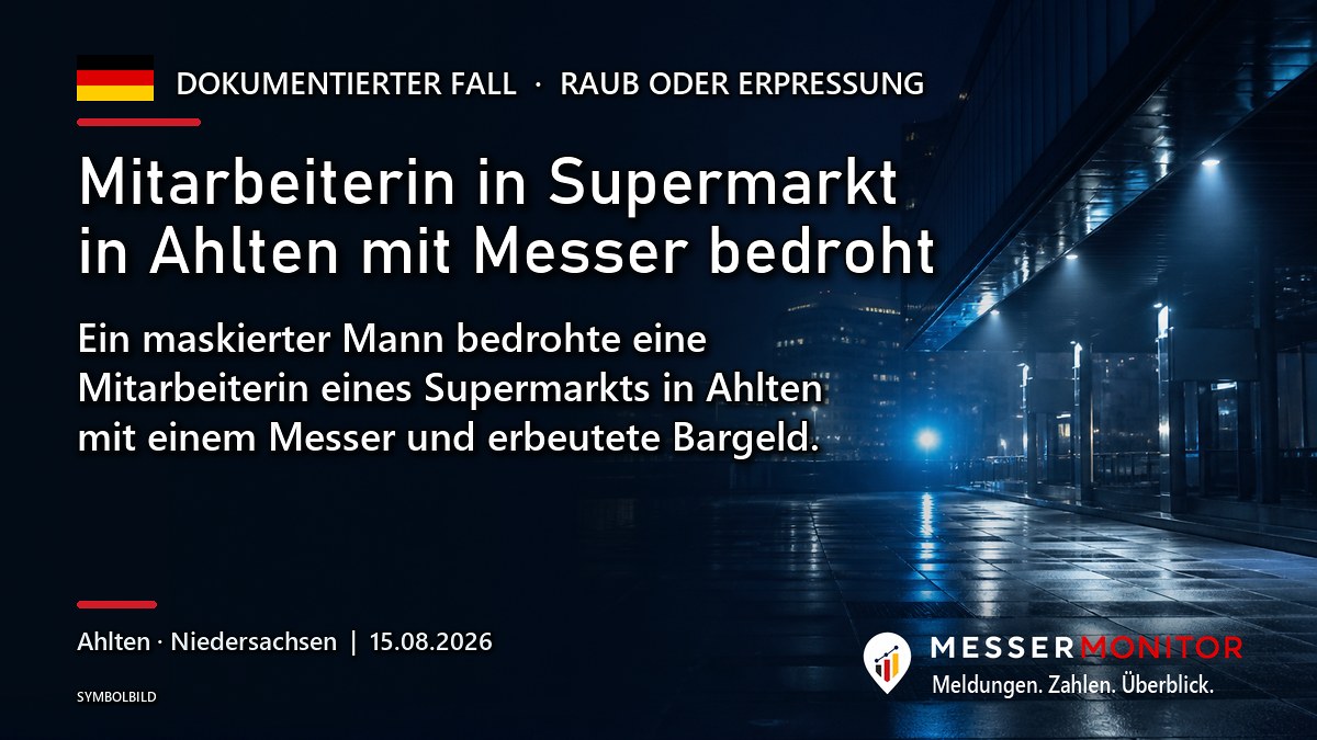 Titelgrafik: Mitarbeiterin in Supermarkt in Ahlten mit Messer bedroht. Ein maskierter Mann bedrohte eine Mitarbeiterin eines Supermarkts in Ahlten mit einem Messer und erbeutete Bargeld..
