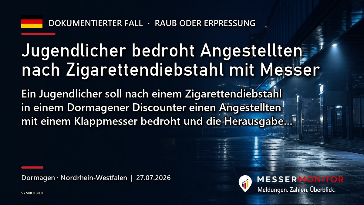 Titelgrafik: Jugendlicher bedroht Angestellten nach Zigarettendiebstahl mit Messer. Ein Jugendlicher soll nach einem Zigarettendiebstahl in einem Dormagener Discounter einen Angestellten mit einem Klappmesser bedroht und die Herausgabe….