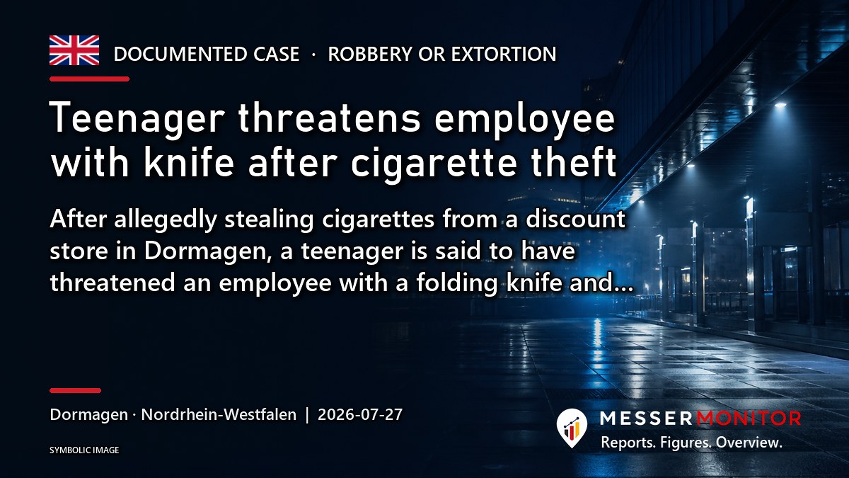 Title image: Teenager threatens employee with knife after cigarette theft. After allegedly stealing cigarettes from a discount store in Dormagen, a teenager is said to have threatened an employee with a folding knife and….