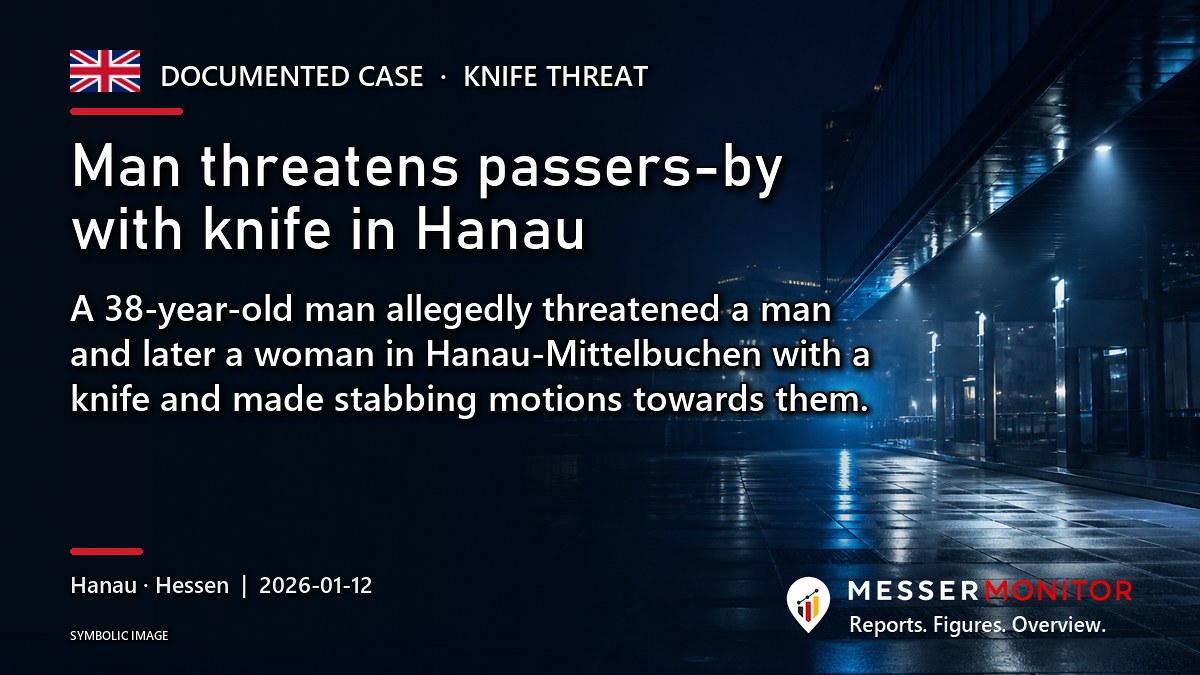 Title image: Man threatens passers-by with knife in Hanau. A 38-year-old man allegedly threatened a man and later a woman in Hanau-Mittelbuchen with a knife and made stabbing motions towards them..