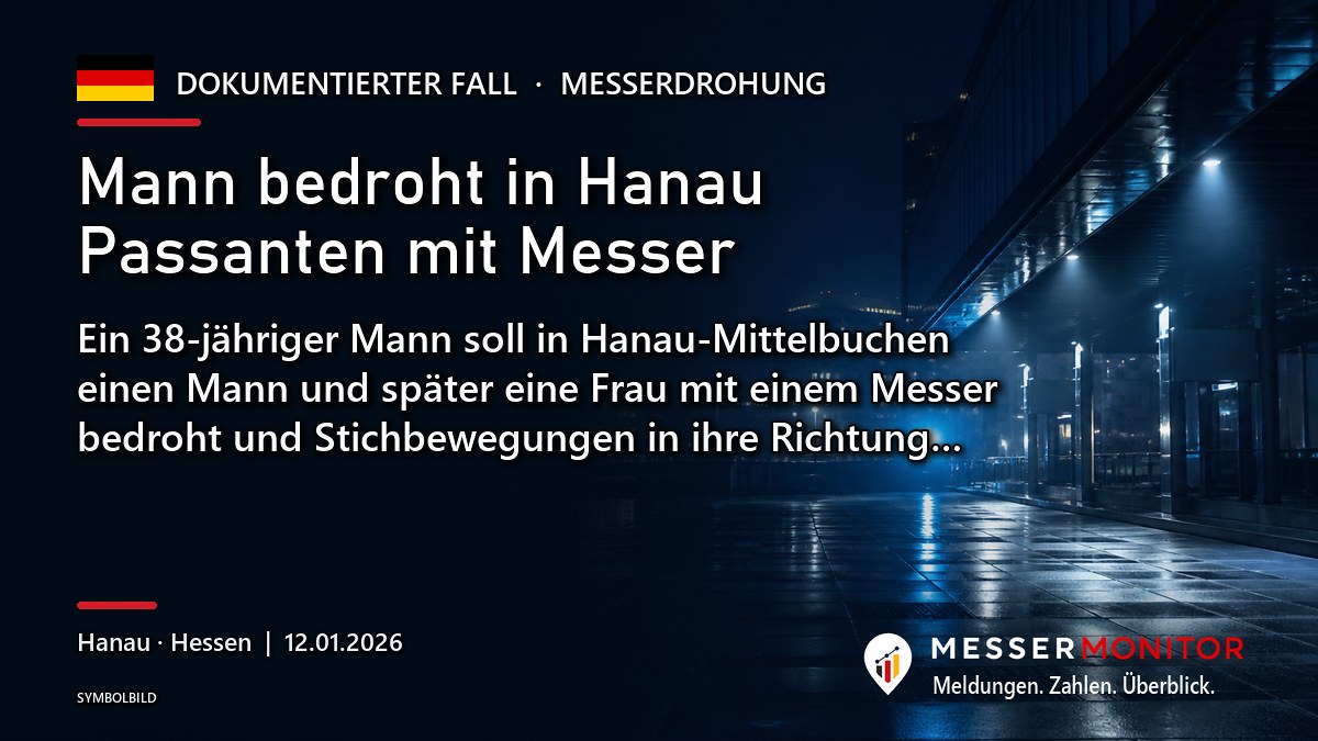 Titelgrafik: Mann bedroht in Hanau Passanten mit Messer. Ein 38-jähriger Mann soll in Hanau-Mittelbuchen einen Mann und später eine Frau mit einem Messer bedroht und Stichbewegungen in ihre Richtung….