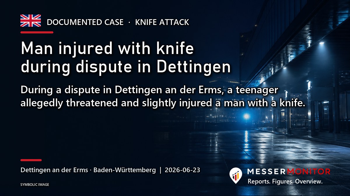 Title image: Man injured with knife during dispute in Dettingen. During a dispute in Dettingen an der Erms, a teenager allegedly threatened and slightly injured a man with a knife..