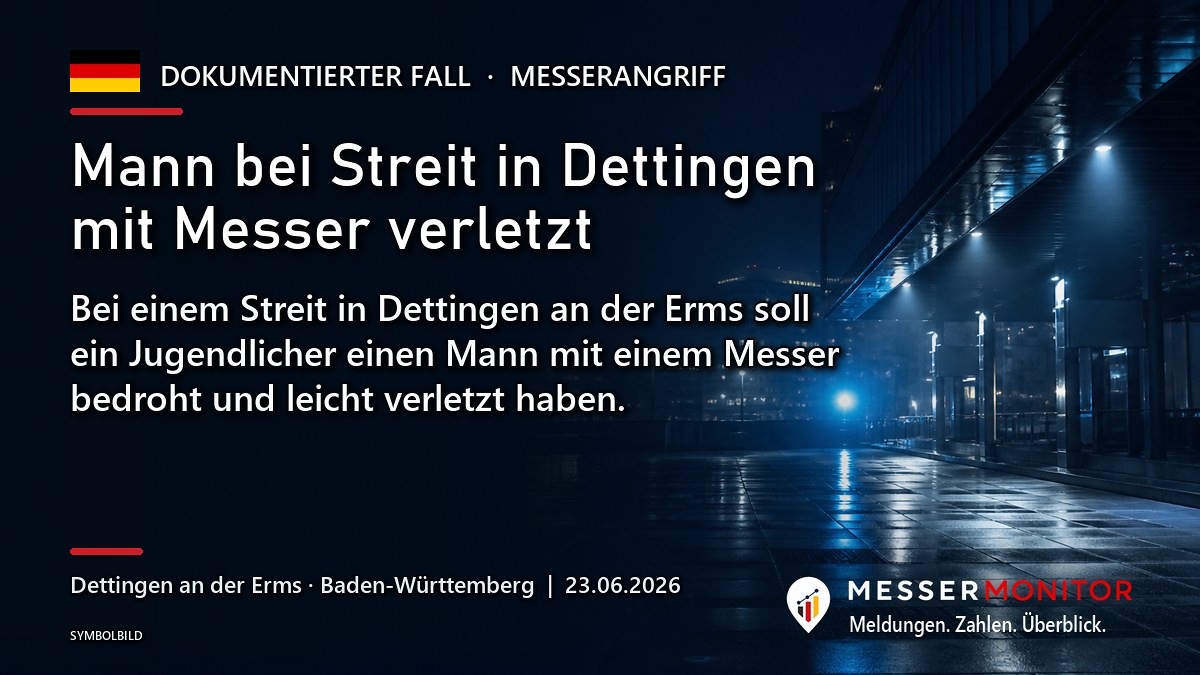 Titelgrafik: Mann bei Streit in Dettingen mit Messer verletzt. Bei einem Streit in Dettingen an der Erms soll ein Jugendlicher einen Mann mit einem Messer bedroht und leicht verletzt haben..