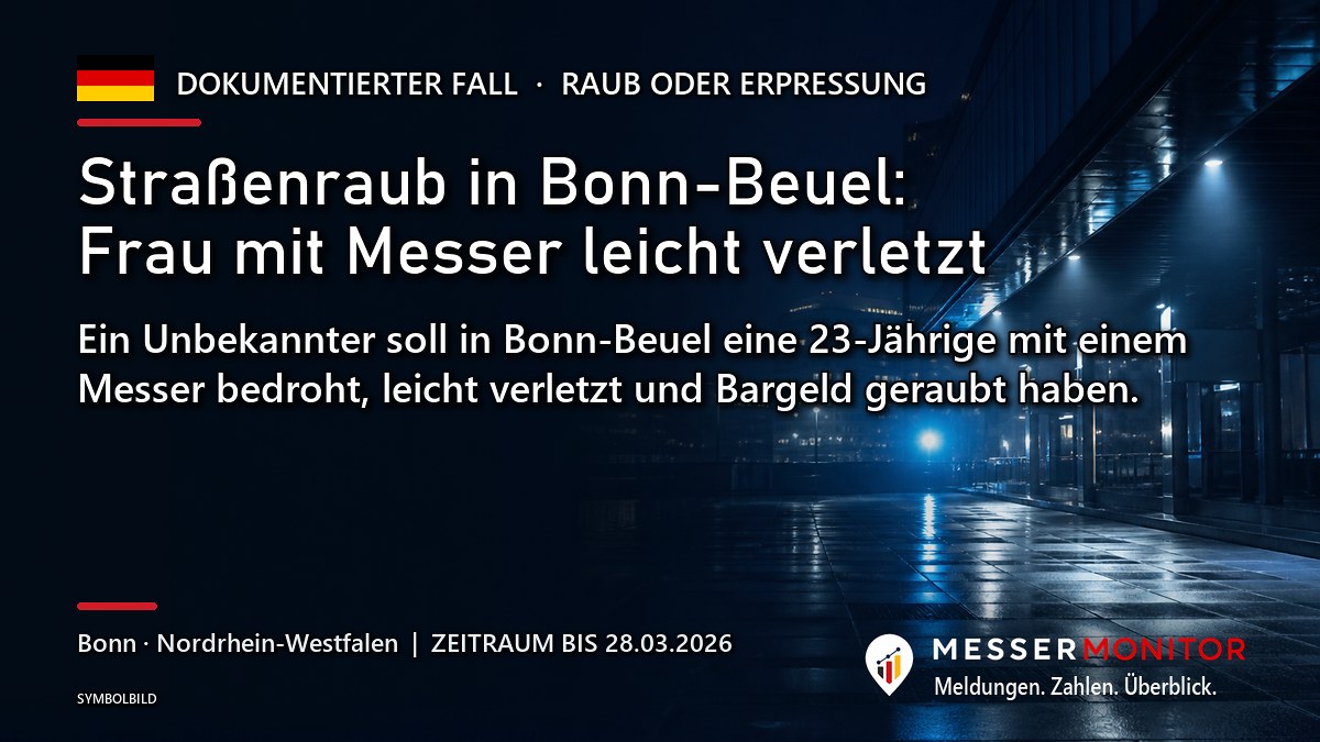Titelgrafik: Straßenraub in Bonn-Beuel: Frau mit Messer leicht verletzt. Ein Unbekannter soll in Bonn-Beuel eine 23-Jährige mit einem Messer bedroht, leicht verletzt und Bargeld geraubt haben..