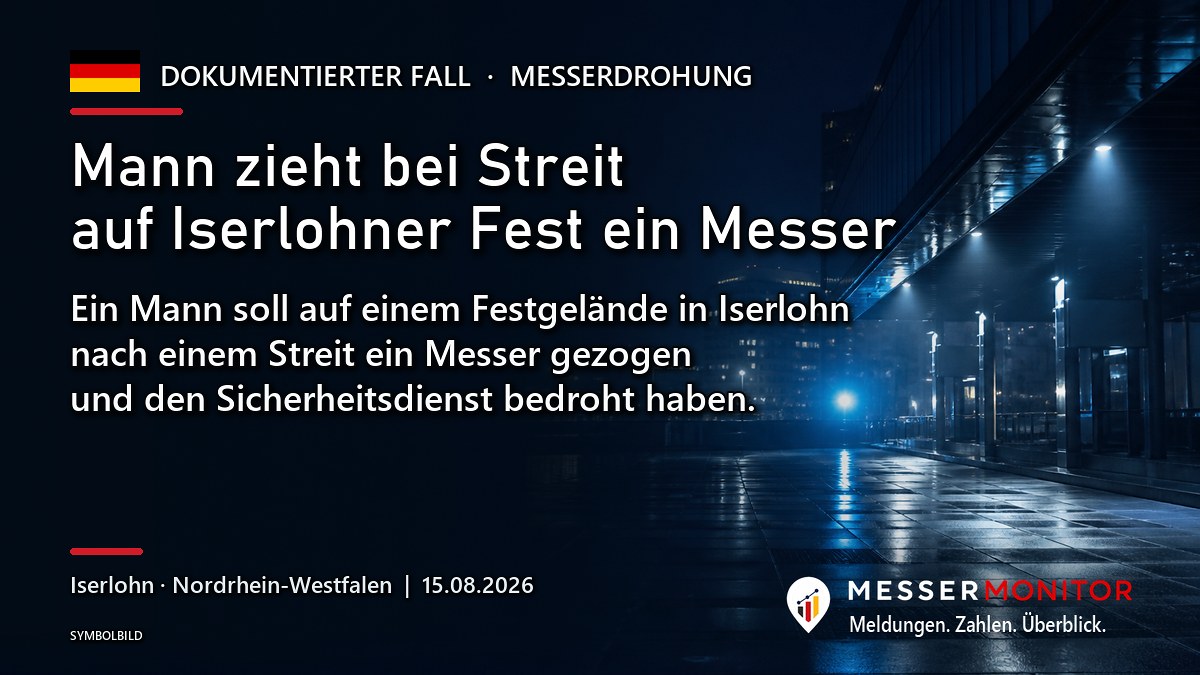 Titelgrafik: Mann zieht bei Streit auf Iserlohner Fest ein Messer. Ein Mann soll auf einem Festgelände in Iserlohn nach einem Streit ein Messer gezogen und den Sicherheitsdienst bedroht haben..