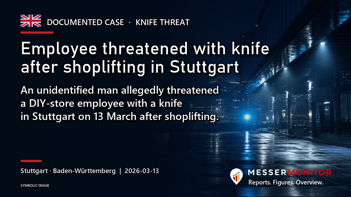 Title image: Employee threatened with knife after shoplifting in Stuttgart. An unidentified man allegedly threatened a DIY-store employee with a knife in Stuttgart on 13 March after shoplifting..