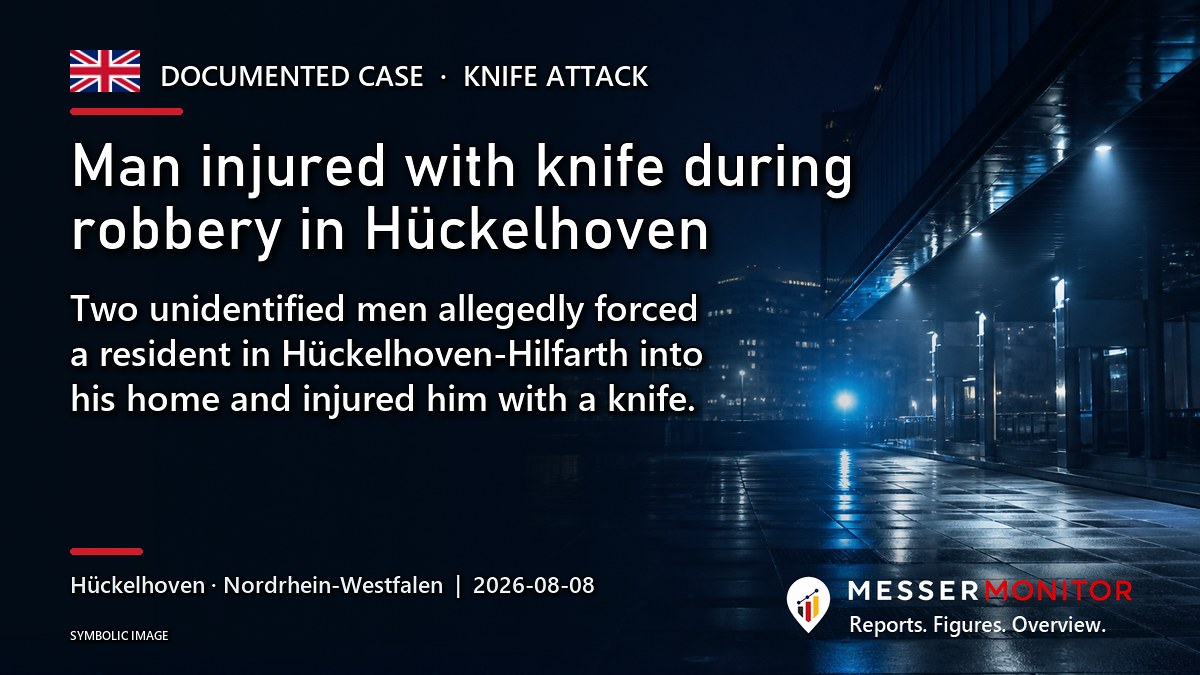 Title image: Man injured with knife during robbery in Hückelhoven. Two unidentified men allegedly forced a resident in Hückelhoven-Hilfarth into his home and injured him with a knife..
