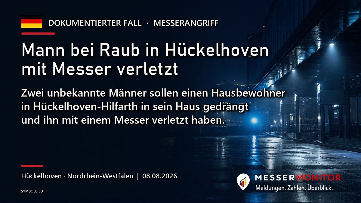 Titelgrafik: Mann bei Raub in Hückelhoven mit Messer verletzt. Zwei unbekannte Männer sollen einen Hausbewohner in Hückelhoven-Hilfarth in sein Haus gedrängt und ihn mit einem Messer verletzt haben..