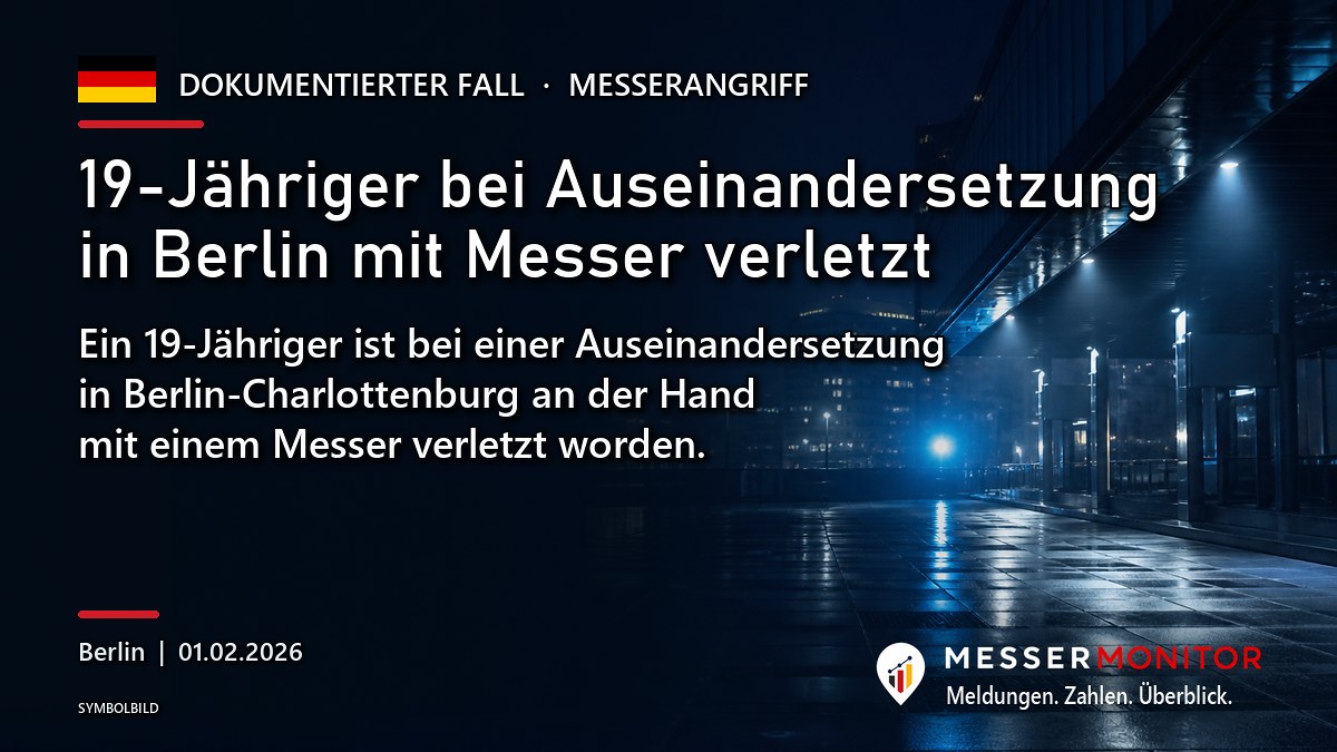 Titelgrafik: 19-Jähriger bei Auseinandersetzung in Berlin mit Messer verletzt. Ein 19-Jähriger ist bei einer Auseinandersetzung in Berlin-Charlottenburg an der Hand mit einem Messer verletzt worden..