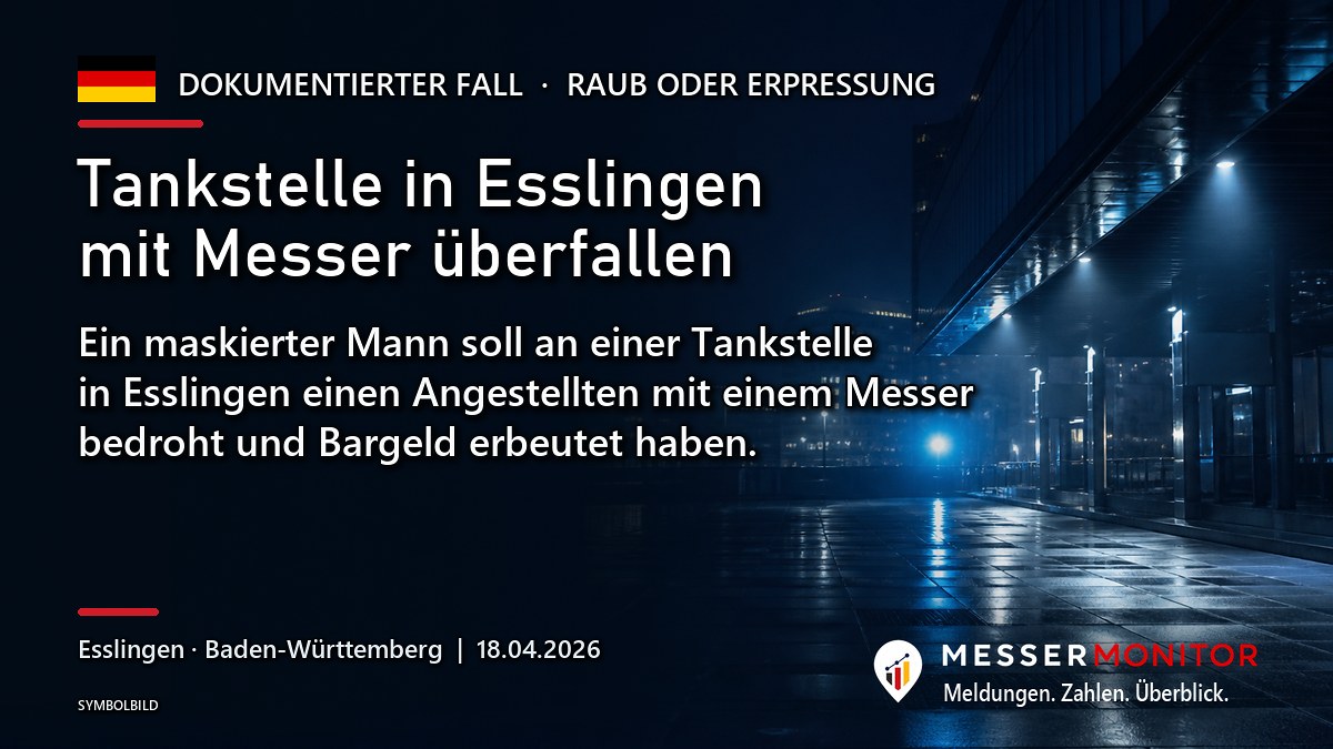 Titelgrafik: Tankstelle in Esslingen mit Messer überfallen. Ein maskierter Mann soll an einer Tankstelle in Esslingen einen Angestellten mit einem Messer bedroht und Bargeld erbeutet haben..