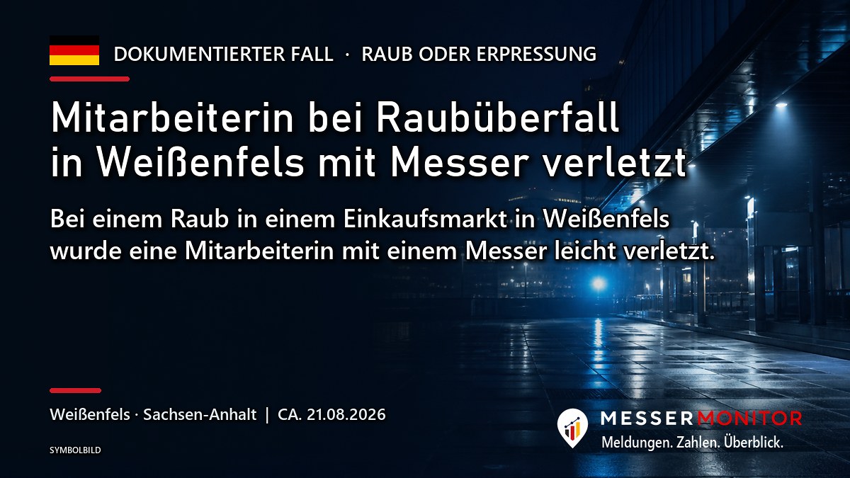 Titelgrafik: Mitarbeiterin bei Raubüberfall in Weißenfels mit Messer verletzt. Bei einem Raub in einem Einkaufsmarkt in Weißenfels wurde eine Mitarbeiterin mit einem Messer leicht verletzt..