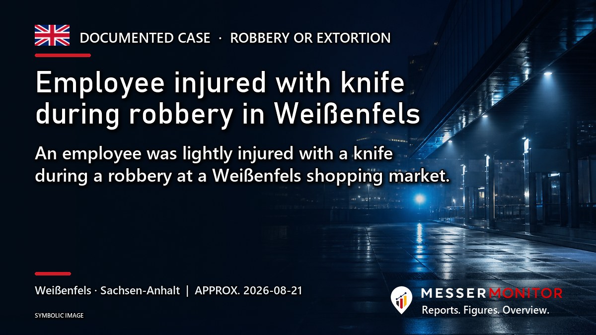 Title image: Employee injured with knife during robbery in Weißenfels. An employee was lightly injured with a knife during a robbery at a Weißenfels shopping market..