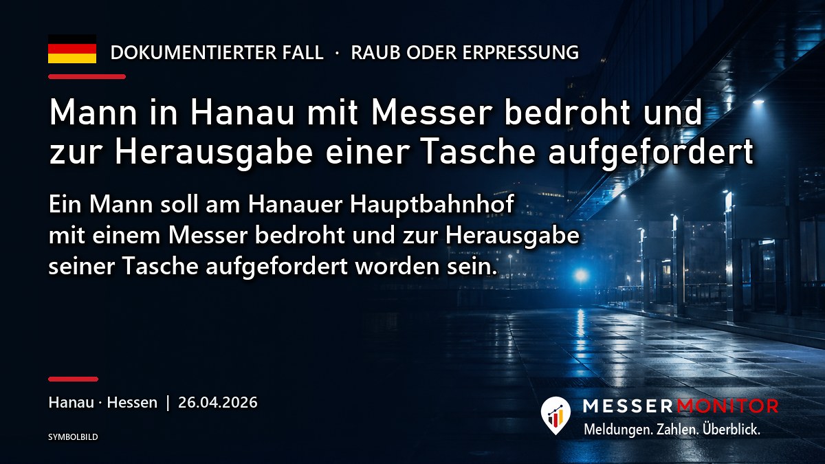 Titelgrafik: Mann in Hanau mit Messer bedroht und zur Herausgabe einer Tasche aufgefordert. Ein Mann soll am Hanauer Hauptbahnhof mit einem Messer bedroht und zur Herausgabe seiner Tasche aufgefordert worden sein..