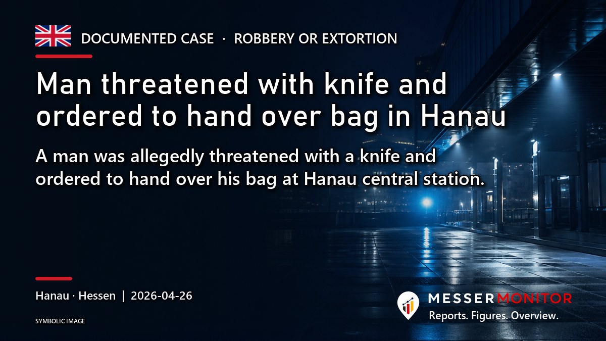 Title image: Man threatened with knife and ordered to hand over bag in Hanau. A man was allegedly threatened with a knife and ordered to hand over his bag at Hanau central station..