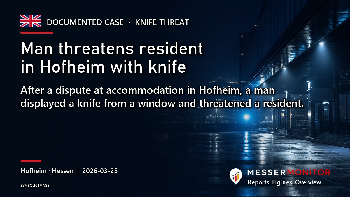 Title image: Man threatens resident in Hofheim with knife. After a dispute at accommodation in Hofheim, a man displayed a knife from a window and threatened a resident..