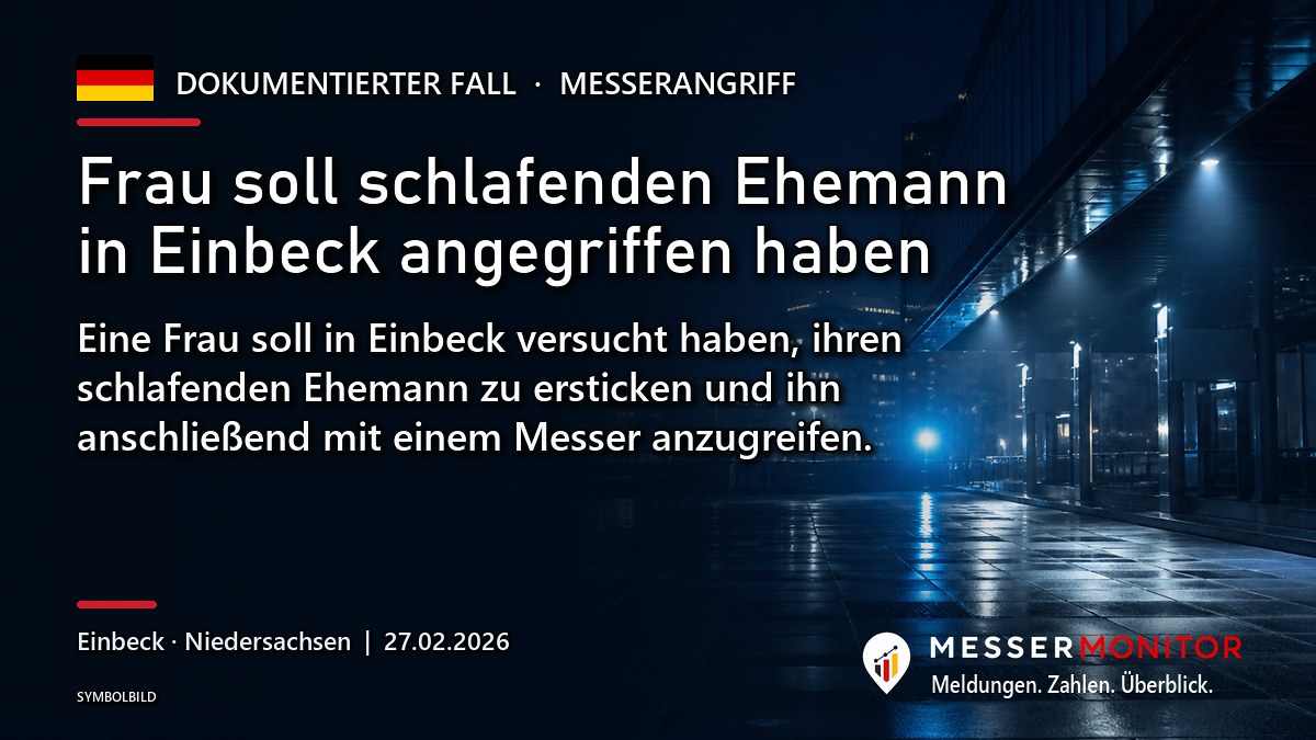 Titelgrafik: Frau soll schlafenden Ehemann in Einbeck angegriffen haben. Eine Frau soll in Einbeck versucht haben, ihren schlafenden Ehemann zu ersticken und ihn anschließend mit einem Messer anzugreifen..