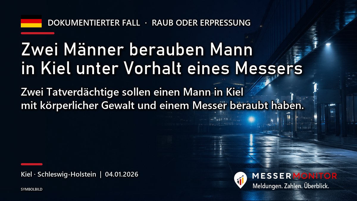 Titelgrafik: Zwei Männer berauben Mann in Kiel unter Vorhalt eines Messers. Zwei Tatverdächtige sollen einen Mann in Kiel mit körperlicher Gewalt und einem Messer beraubt haben..