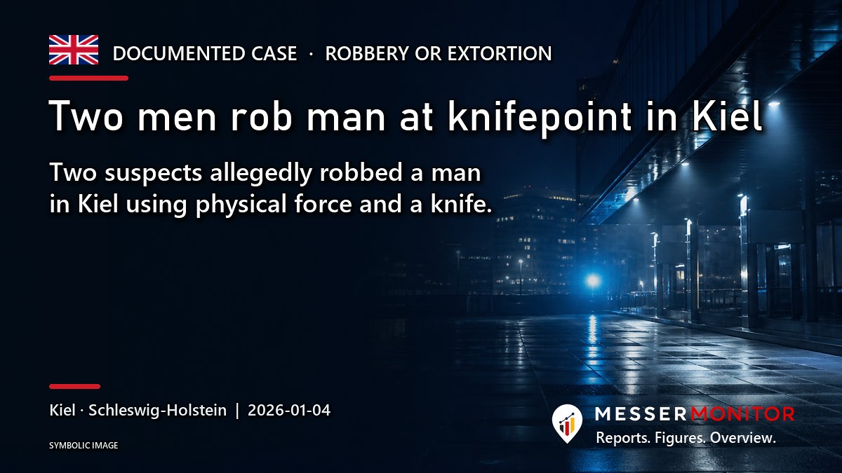 Title image: Two men rob man at knifepoint in Kiel. Two suspects allegedly robbed a man in Kiel using physical force and a knife..