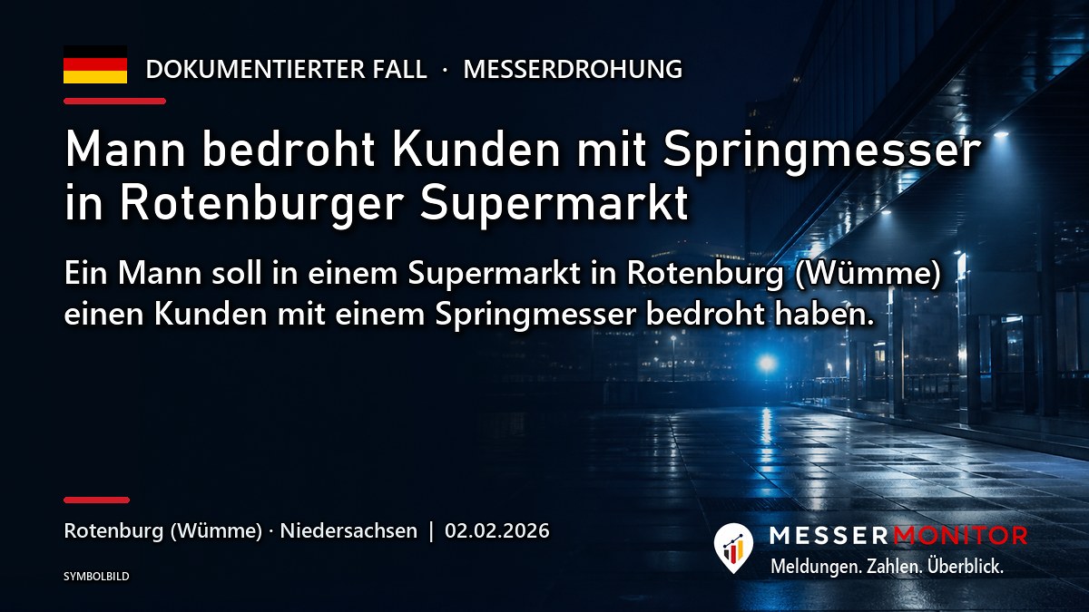 Titelgrafik: Mann bedroht Kunden mit Springmesser in Rotenburger Supermarkt. Ein Mann soll in einem Supermarkt in Rotenburg (Wümme) einen Kunden mit einem Springmesser bedroht haben..