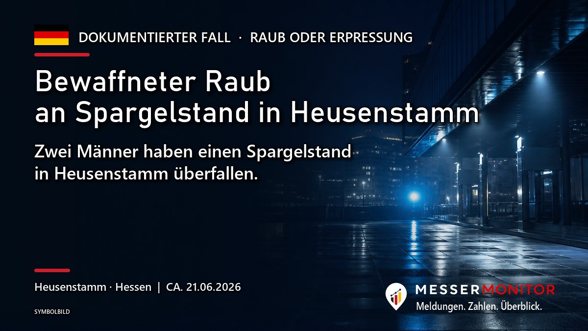Titelgrafik: Bewaffneter Raub an Spargelstand in Heusenstamm. Zwei Männer haben einen Spargelstand in Heusenstamm überfallen..