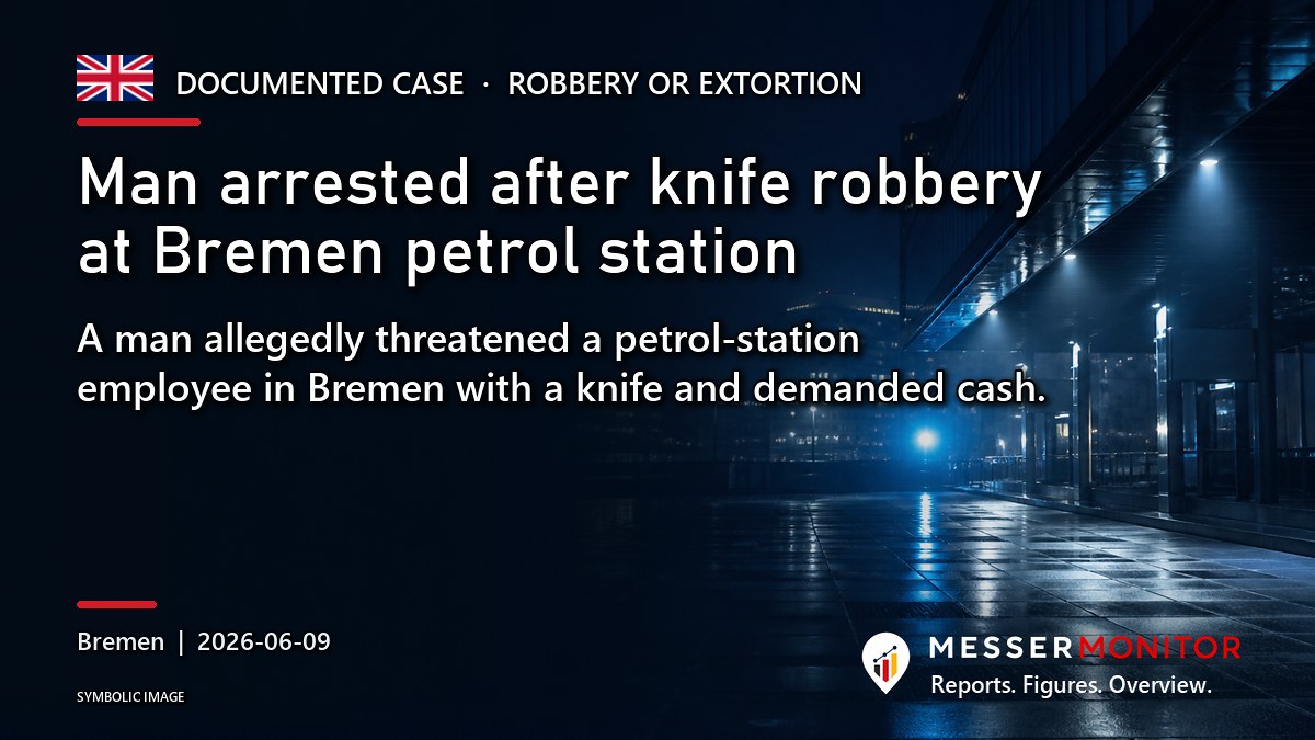 Title image: Man arrested after knife robbery at Bremen petrol station. A man allegedly threatened a petrol-station employee in Bremen with a knife and demanded cash..