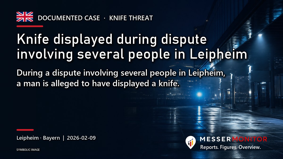 Title image: Knife displayed during dispute involving several people in Leipheim. During a dispute involving several people in Leipheim, a man is alleged to have displayed a knife..