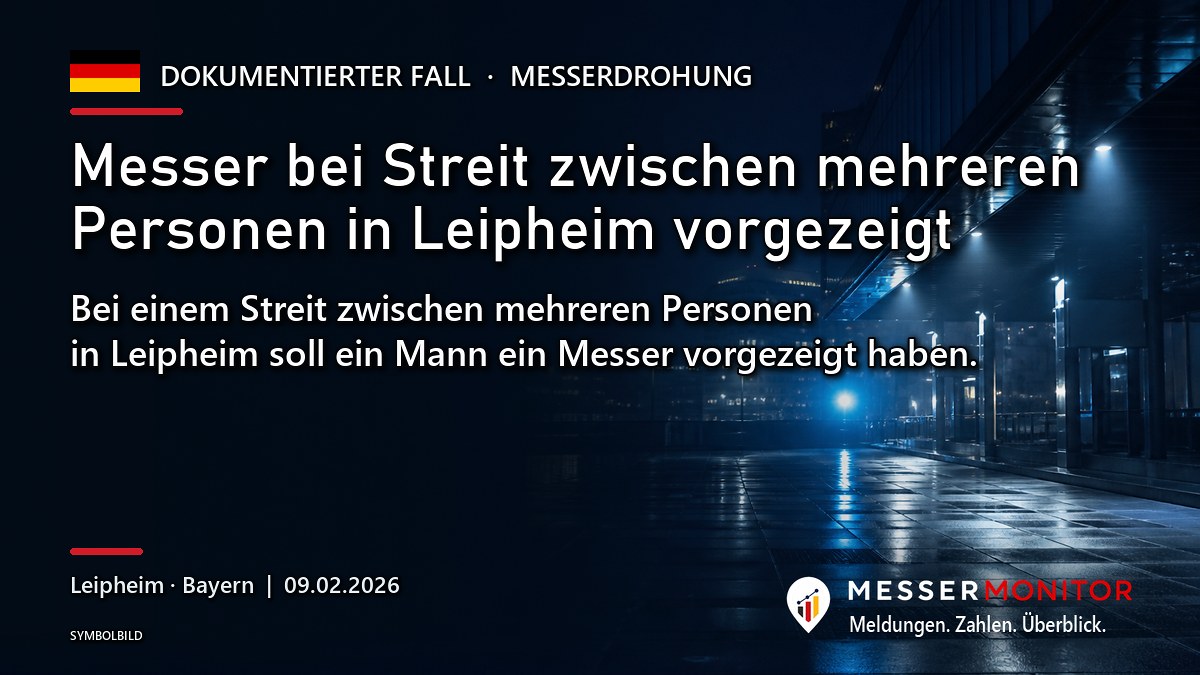 Titelgrafik: Messer bei Streit zwischen mehreren Personen in Leipheim vorgezeigt. Bei einem Streit zwischen mehreren Personen in Leipheim soll ein Mann ein Messer vorgezeigt haben..