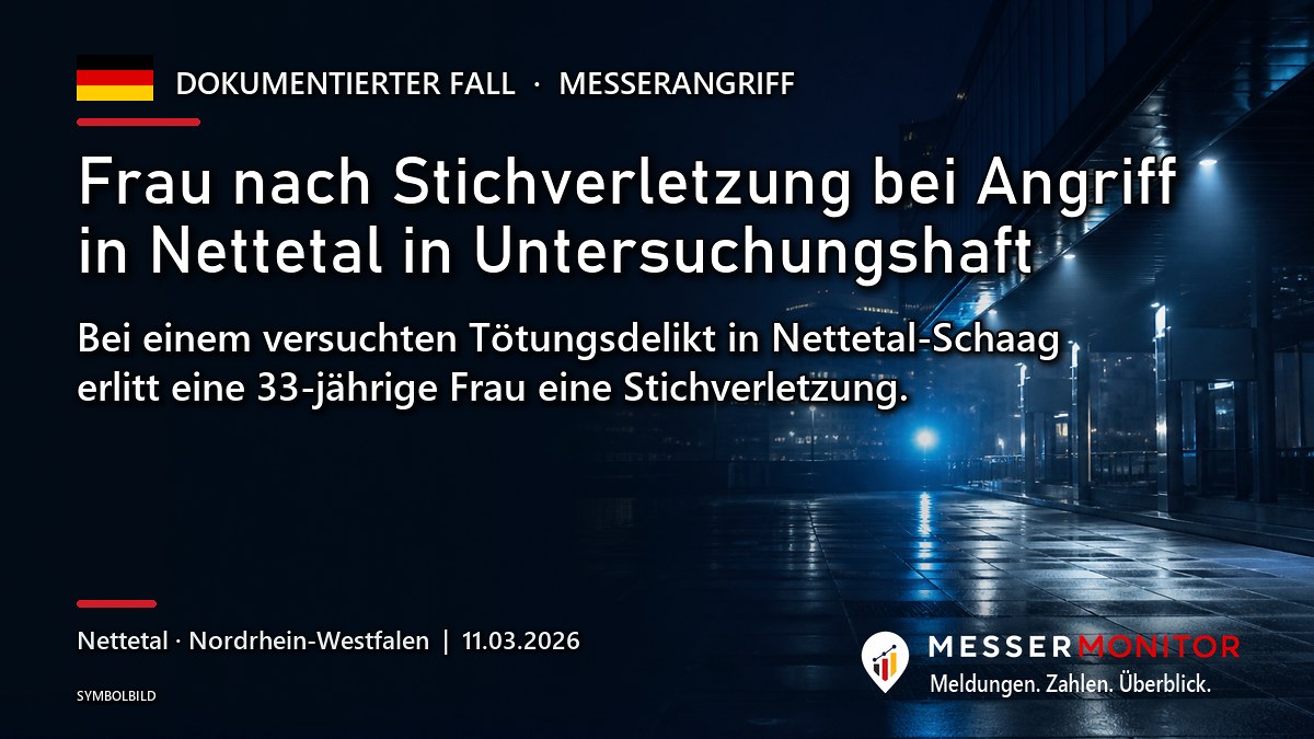 Titelgrafik: Frau nach Stichverletzung bei Angriff in Nettetal in Untersuchungshaft. Bei einem versuchten Tötungsdelikt in Nettetal-Schaag erlitt eine 33-jährige Frau eine Stichverletzung..