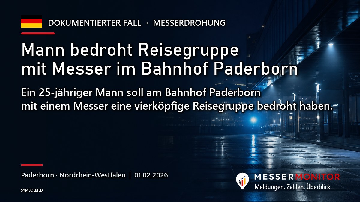Titelgrafik: Mann bedroht Reisegruppe mit Messer im Bahnhof Paderborn. Ein 25-jähriger Mann soll am Bahnhof Paderborn mit einem Messer eine vierköpfige Reisegruppe bedroht haben..