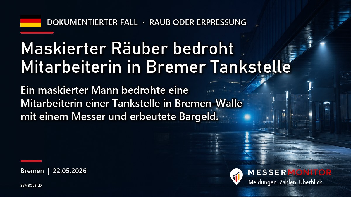 Titelgrafik: Maskierter Räuber bedroht Mitarbeiterin in Bremer Tankstelle. Ein maskierter Mann bedrohte eine Mitarbeiterin einer Tankstelle in Bremen-Walle mit einem Messer und erbeutete Bargeld..