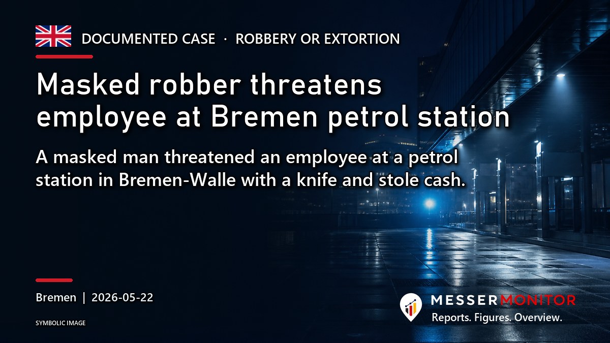 Title image: Masked robber threatens employee at Bremen petrol station. A masked man threatened an employee at a petrol station in Bremen-Walle with a knife and stole cash..