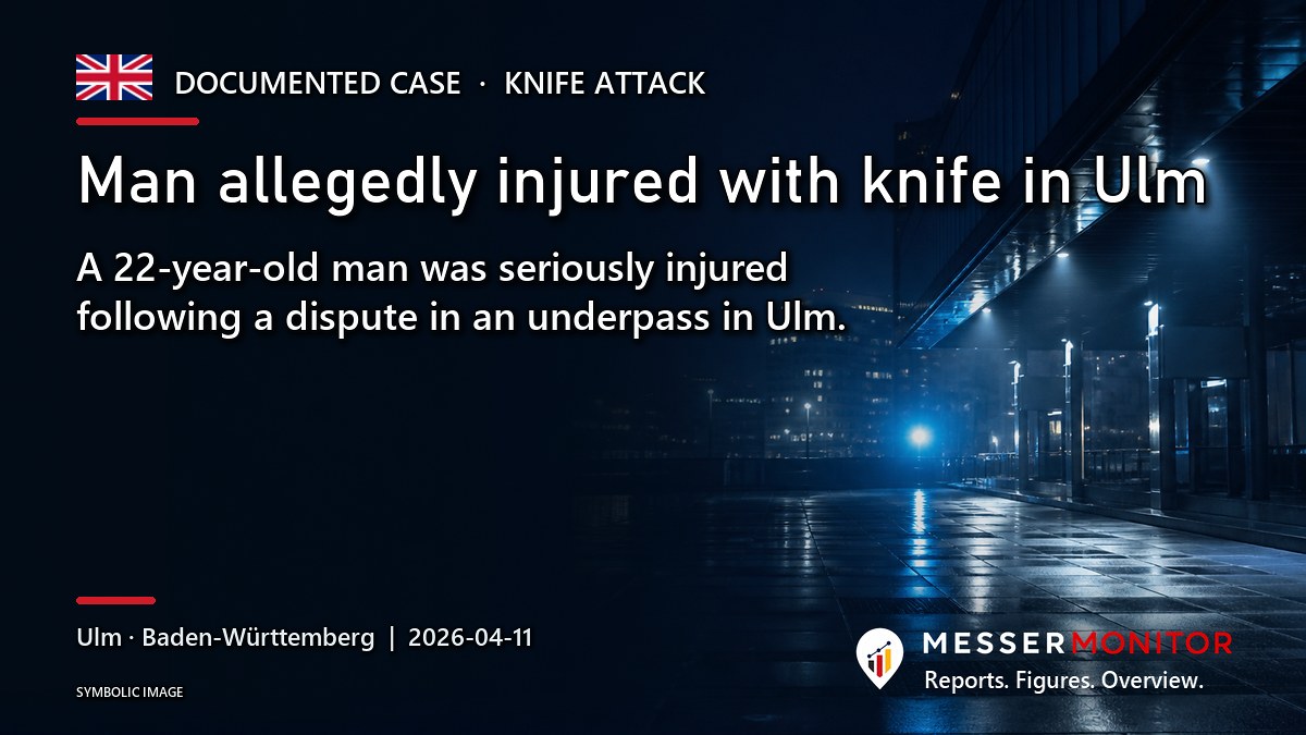 Title image: Man allegedly injured with knife in Ulm. A 22-year-old man was seriously injured following a dispute in an underpass in Ulm..