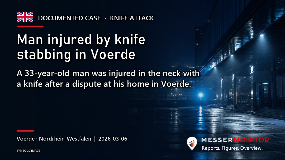 Title image: Man injured by knife stabbing in Voerde. A 33-year-old man was injured in the neck with a knife after a dispute at his home in Voerde..