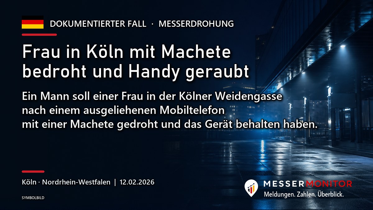 Titelgrafik: Frau in Köln mit Machete bedroht und Handy geraubt. Ein Mann soll einer Frau in der Kölner Weidengasse nach einem ausgeliehenen Mobiltelefon mit einer Machete gedroht und das Gerät behalten haben..