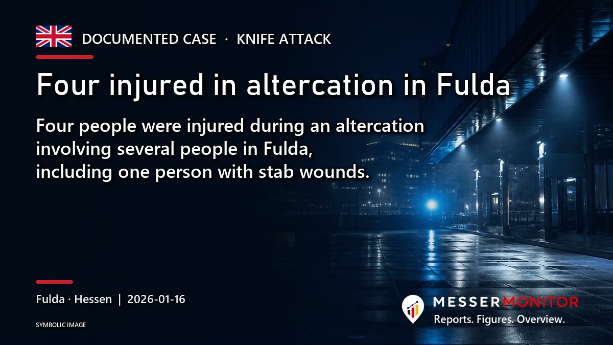 Title image: Four injured in altercation in Fulda. Four people were injured during an altercation involving several people in Fulda, including one person with stab wounds..