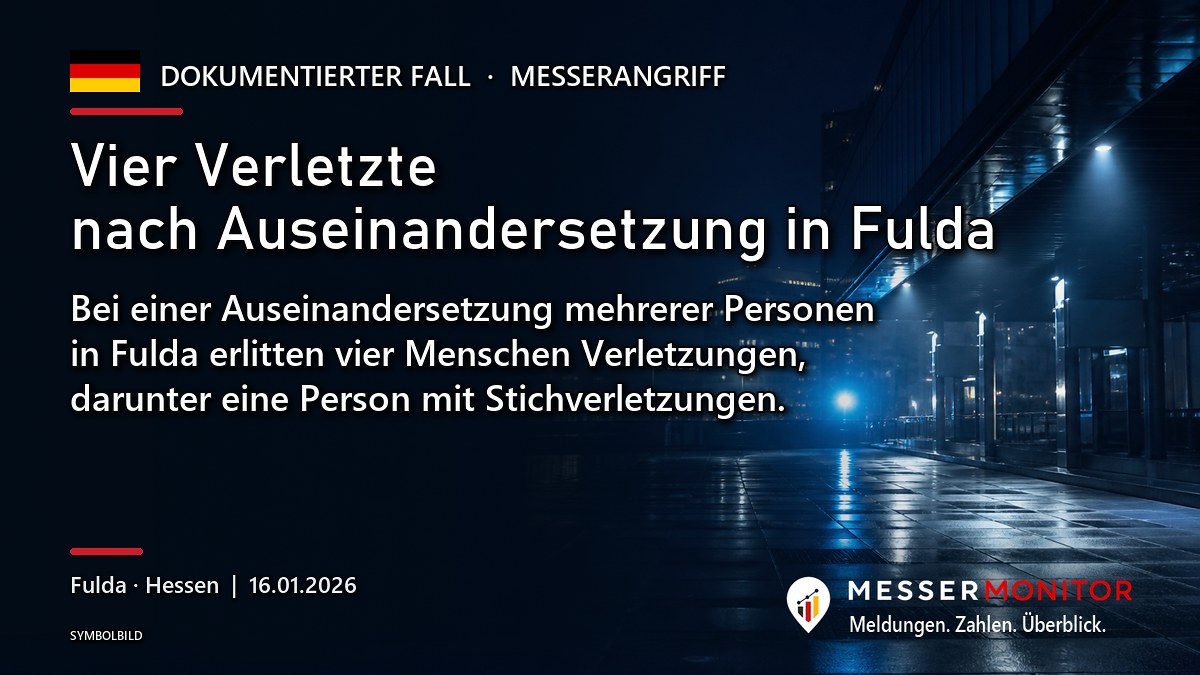 Titelgrafik: Vier Verletzte nach Auseinandersetzung in Fulda. Bei einer Auseinandersetzung mehrerer Personen in Fulda erlitten vier Menschen Verletzungen, darunter eine Person mit Stichverletzungen..
