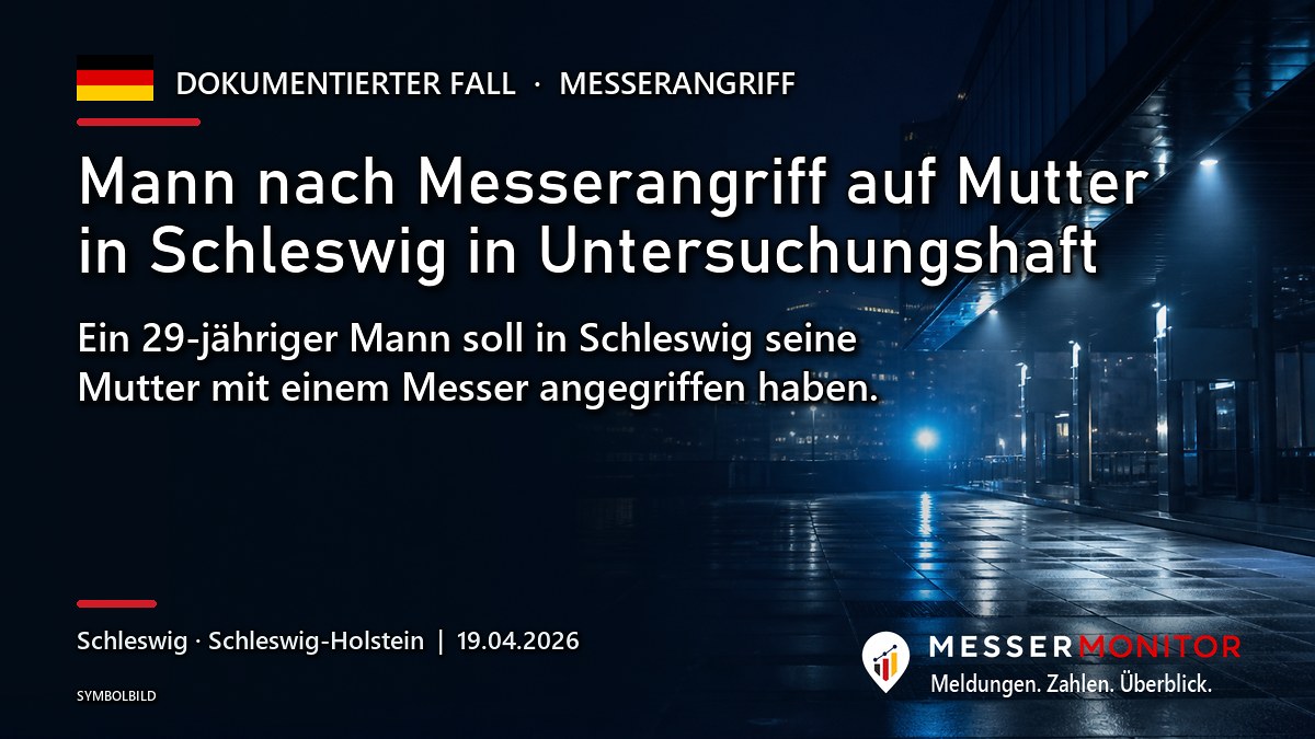 Titelgrafik: Mann nach Messerangriff auf Mutter in Schleswig in Untersuchungshaft. Ein 29-jähriger Mann soll in Schleswig seine Mutter mit einem Messer angegriffen haben..