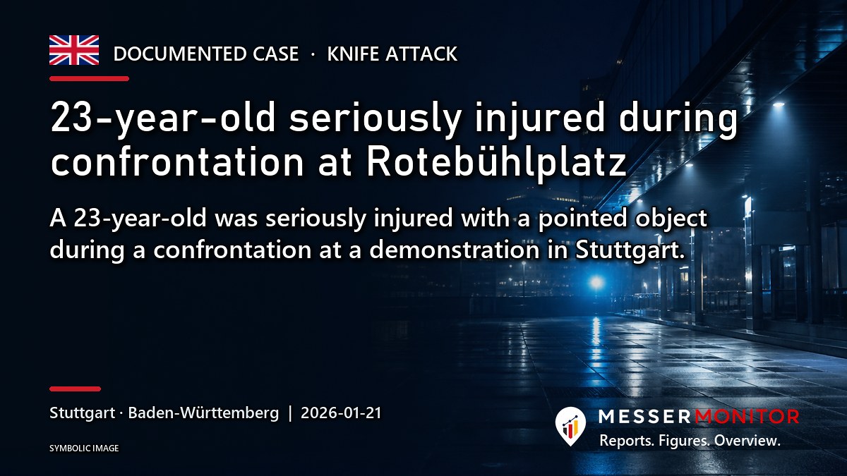 Title image: 23-year-old seriously injured during confrontation at Rotebühlplatz. A 23-year-old was seriously injured with a pointed object during a confrontation at a demonstration in Stuttgart..