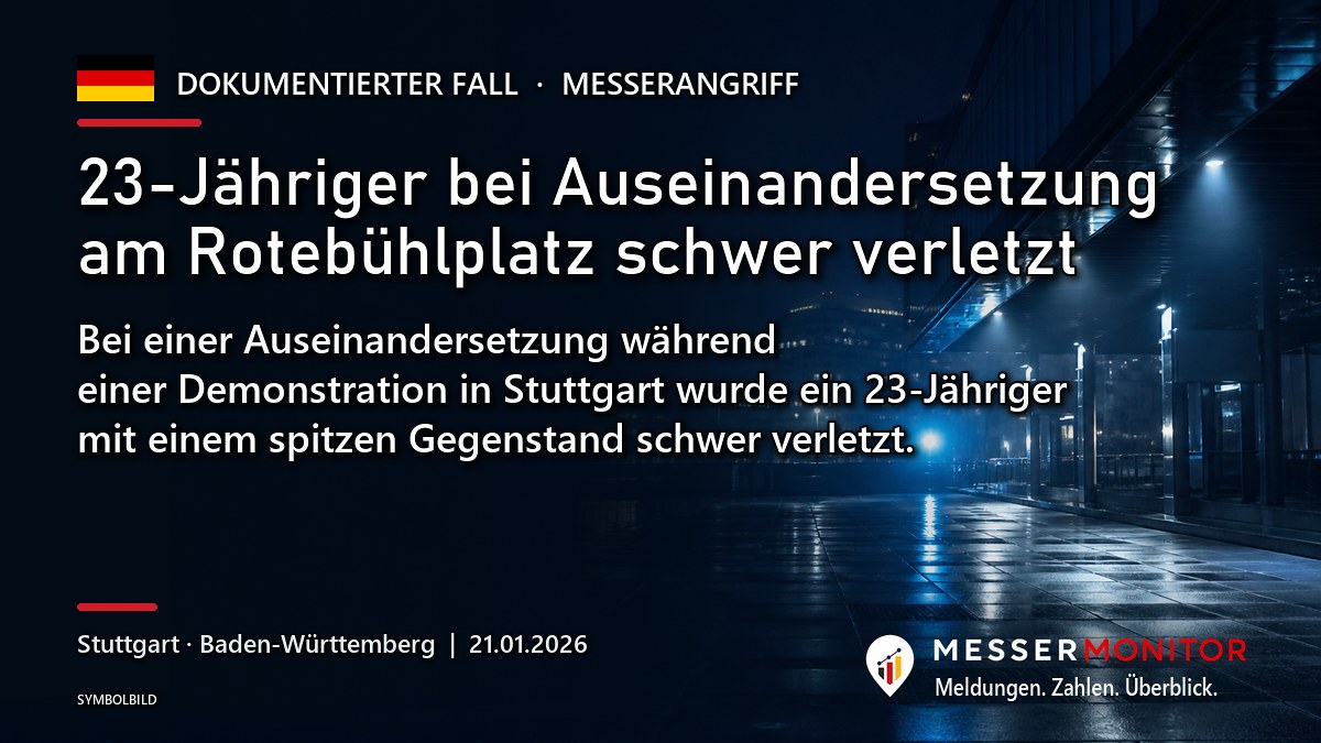 Titelgrafik: 23-Jähriger bei Auseinandersetzung am Rotebühlplatz schwer verletzt. Bei einer Auseinandersetzung während einer Demonstration in Stuttgart wurde ein 23-Jähriger mit einem spitzen Gegenstand schwer verletzt..