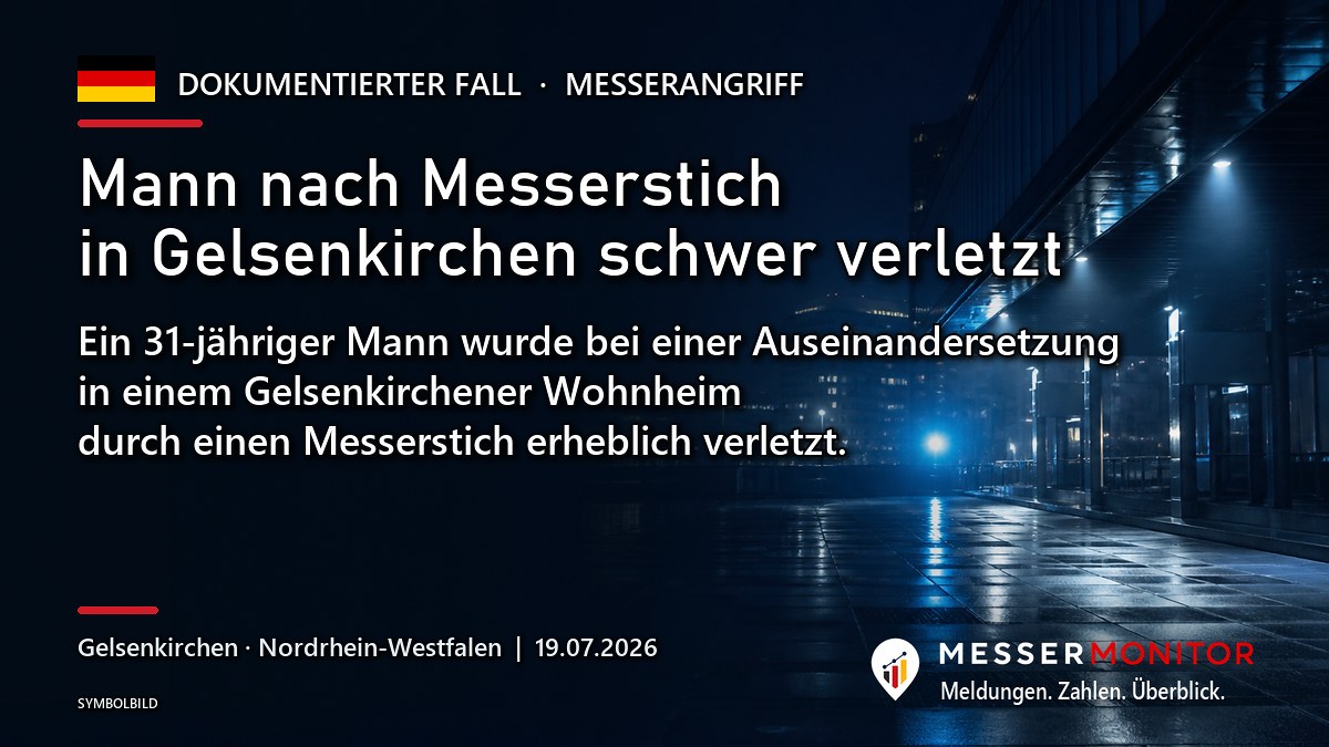 Titelgrafik: Mann nach Messerstich in Gelsenkirchen schwer verletzt. Ein 31-jähriger Mann wurde bei einer Auseinandersetzung in einem Gelsenkirchener Wohnheim durch einen Messerstich erheblich verletzt..