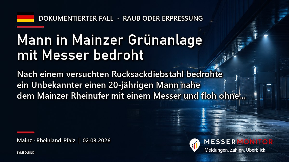 Titelgrafik: Mann in Mainzer Grünanlage mit Messer bedroht. Nach einem versuchten Rucksackdiebstahl bedrohte ein Unbekannter einen 20-jährigen Mann nahe dem Mainzer Rheinufer mit einem Messer und floh ohne….