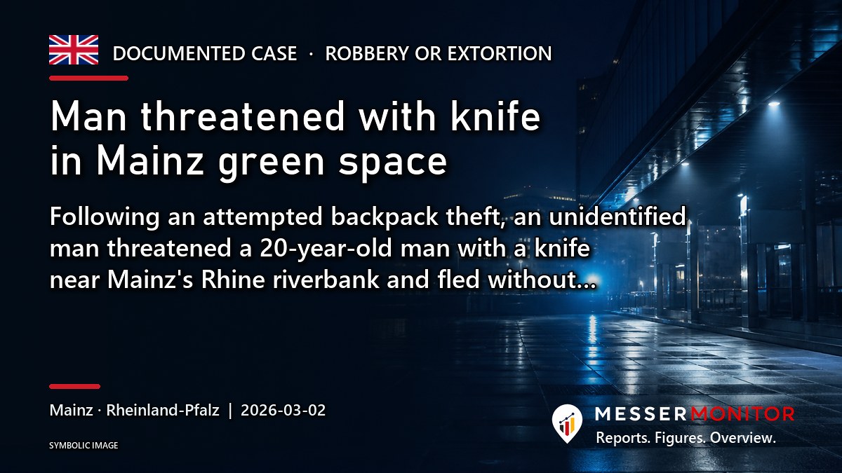 Title image: Man threatened with knife in Mainz green space. Following an attempted backpack theft, an unidentified man threatened a 20-year-old man with a knife near Mainz's Rhine riverbank and fled without….